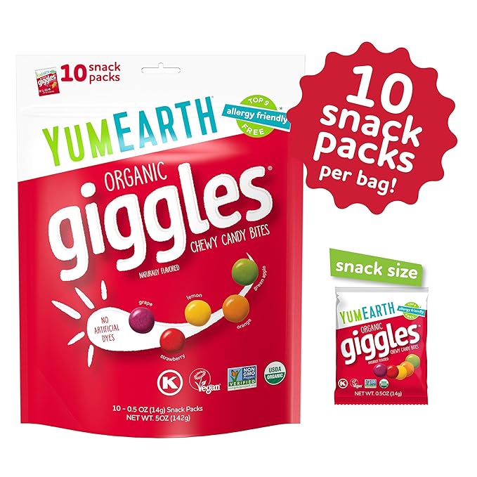 YumEarth Organic Giggles Chewy Candy – Allergy Friendly, No Artificial Dyes, Non GMO, Gluten Free, Fruit Flavored, Vegan Candy Snacks 0.5 oz (Pack of 120)