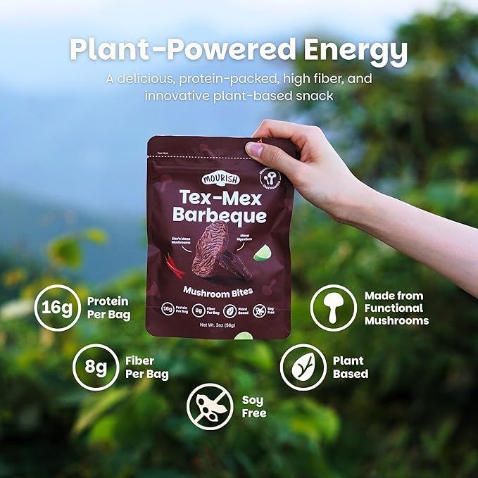 Mourish Vegan Mushroom Bites, Tex-Mex BBQ, 1 Pack (2 oz), Good Source of Protein and Fiber, Plant Based Meat Jerky, Medium to High Heat, Meatless Healthy Snacks for Hiking, Work, Travel & School