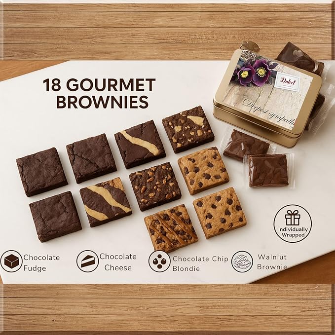 Sympathy Gift Baskets - 18 Individually Wrapped Brownies Freshly Baked in a Variety of Flavors - Dulcet's Signature Flavored Fudge Brownies - Gift Box Comes with Sympathy Card