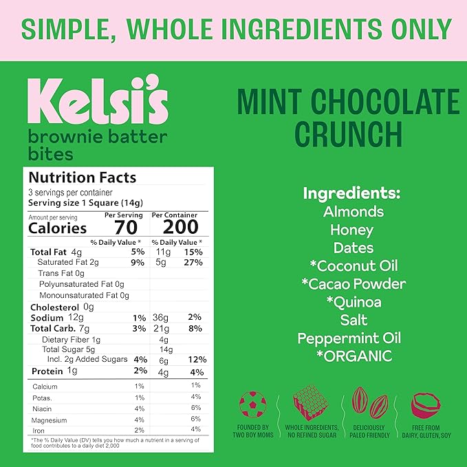 Kelsi's Mint Chocolate Crunch Brownie Batter Bites, 8 pack - Whole Ingredients, Healthy Brownie Bites, Dairy Free, Gluten Free, Soy Free Chocolate, Zero Refined Sugar, Paleo, Minimally Processed, Healthy Snack Alternative for Adults & Kids
