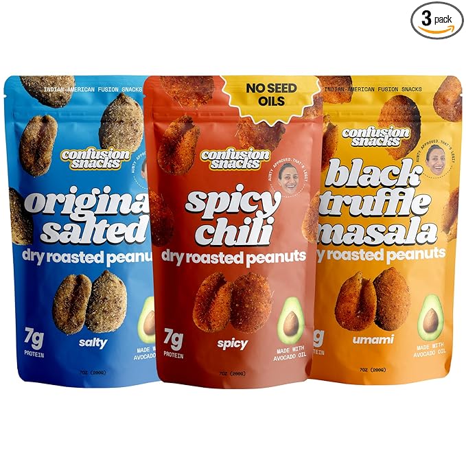 Confusion Snacks Indian Flavored Roasted Peanuts Variety Pack – Spicy Chili, Truffle and Salted Flavors, Gluten Free, High Protein and Seed Oil Free Healthy Snack | 3-Pack