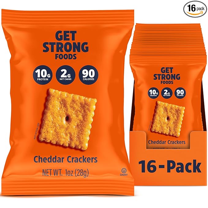 Get Strong Foods Cheddar Cheese Crackers - High Protein Crackers - Keto Friendly, Low Carb, High Fiber Cheese Crisp - Low Calorie, Healthy Snack for Adults and GLP-1, Pack of 16