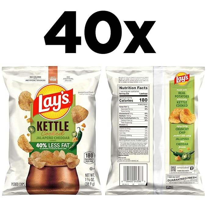 Lay's Kettle Cooked Potato Chips, 40% Less Fat Jalapeño Cheddar, 1.375 Ounce (Pack of 64)