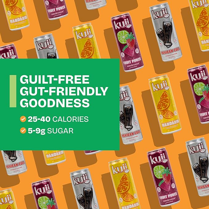 Kuii Prebiotic Soda Variety Pack – 12 Count with Mexican Cola, Mandarin & Fruit Punch Flavors – Sparkling Gut-Friendly Drinks for Refreshing, Guilt-Free Hydration, 12 fl oz Cans