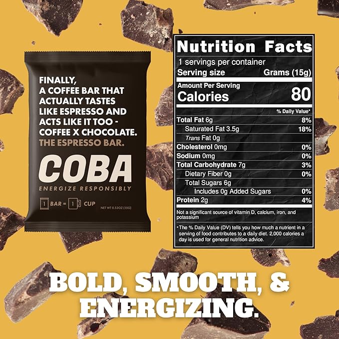 COBA Caffeinated Coffee Chocolate [1 Bar = 1 Espresso] - Energy Boost, Portable, All Natural Caffeine for Gym, Travel, Daily Use - Gluten Free, Non GMO (8 Pack, Espresso)