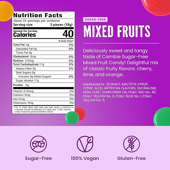 Cambie Sugar Free Hard Candy, 1 lb of Sugar Free Candy Individually Wrapped, Mixed Fruit