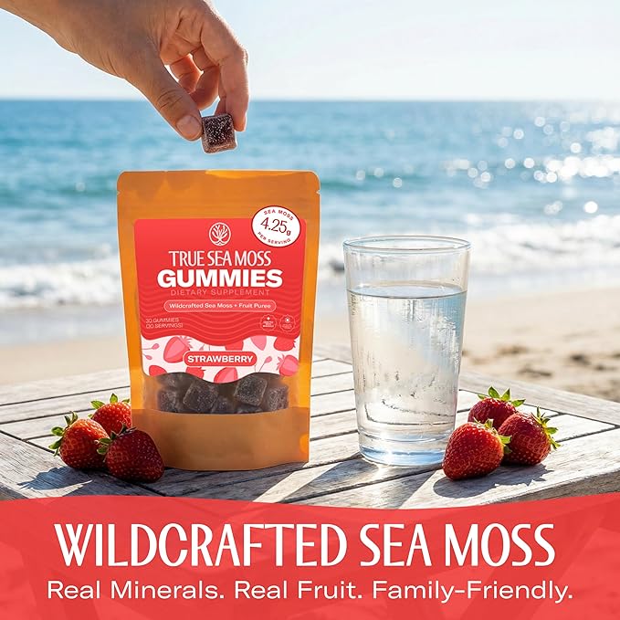 True Sea Moss Gummies – High Potency 4250mg Wildcrafted Irish Sea Moss Gel Extract per Serving + Strawberry Flavor – With Coconut Sugar & Real Fruit Purée – 30 Gummies (30 Servings)