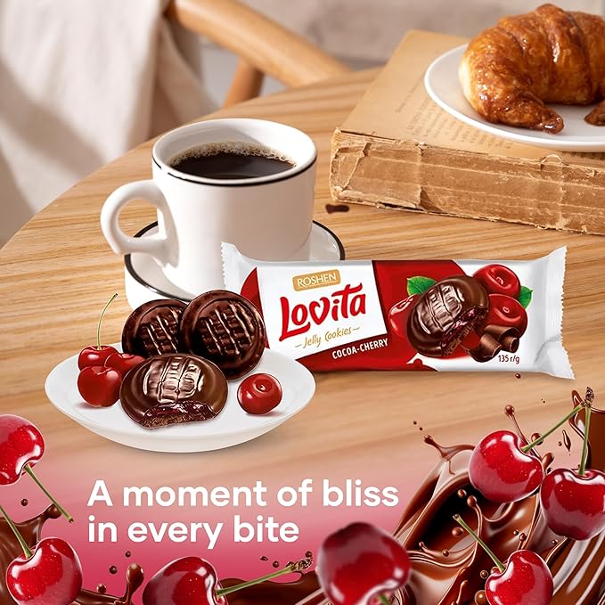 Roshen Lovita Cookies with Cherry Jelly Filling, 4.76 oz, Chocolate Biscuit with Juicy Cherry Jelly & Signature Chocolate Glaze, European Gourmet Cookies, Pack of 2