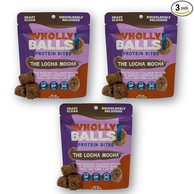 Wholly Balls Protein Bites – Healthy Plant-Based Snack | High Protein, Low Sugar, Gluten-Free Energy Balls (Pack of 3, Loca-Mocha)