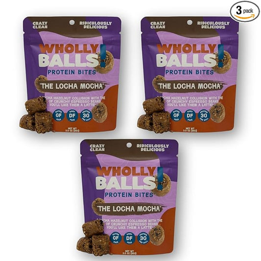 Wholly Balls Protein Bites – Healthy Plant-Based Snack | High Protein, Low Sugar, Gluten-Free Energy Balls (Pack of 3, Loca-Mocha)