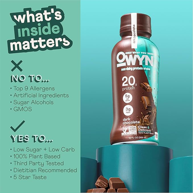 OWYN Only What You Need Vegan Protein Shake, 20g Plant Based Protein from Organic Pumpkin seed, Organic Flax oil, Pea, Prebiotics, Gluten and Soy Free (Dark Chocolate, 24 Pack)