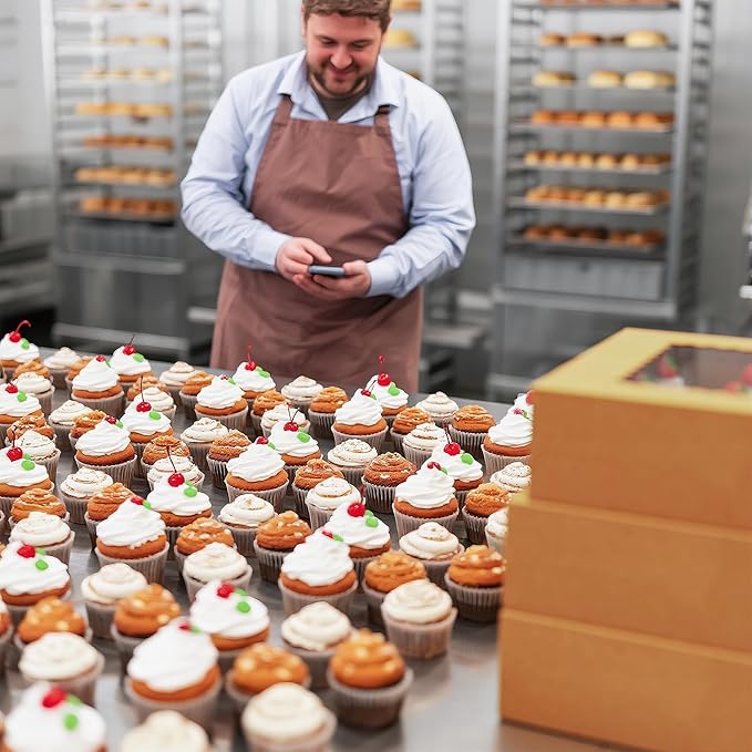 EffiQ-Rate 50 PCS Cupcake Boxes, 12-Count Cupcake Containers with Window, Brown Pastry Boxes with Inner Tray & 50 Stickers for Dessert, Party, Birthday, Holiday (12.8x9.84x3.54 Inch)