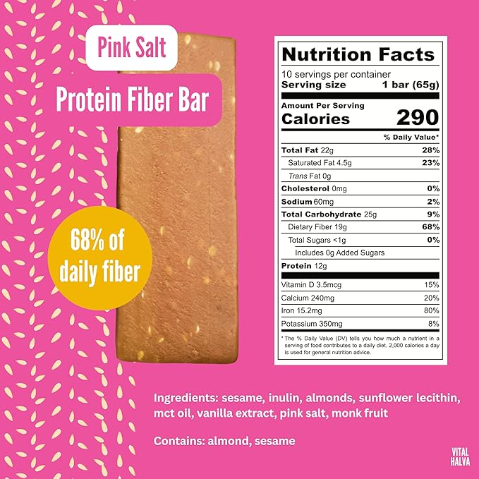 Vital Halva Vegan Protein Fiber Bar, Pink Salt, Gluten Free, Dairy Free, Soy Free, Low Sugar, No Added Sugar, 12G Protein, 19G Fiber, 6G Carb, Snack Bar, 10ct
