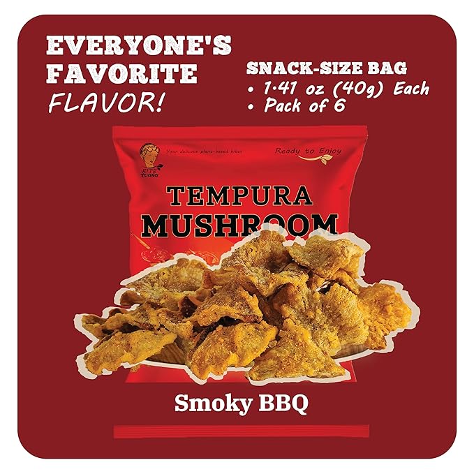 BITETUOSO Tempura Oyster Mushrooms – Ready-to-Eat Crispy Snack, Smoky BBQ Flavor, Crowd-Pleaser for Parties, Kids & Adults – Gourmet Plant-Based Snack Chips 1.41oz (6-Pack)