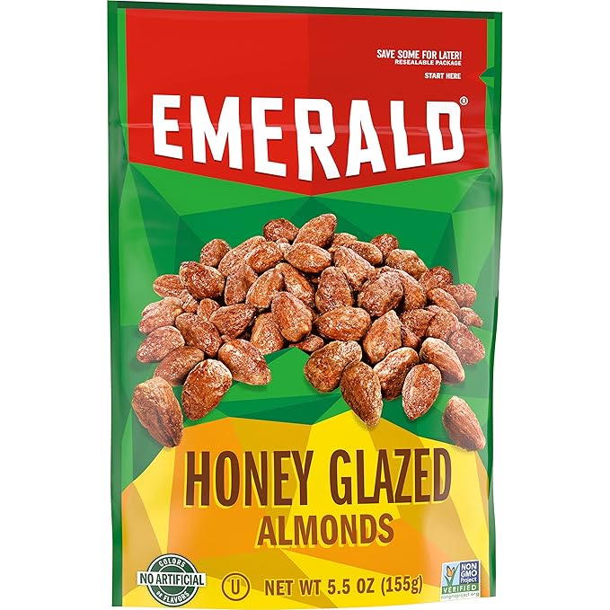 Emerald Nuts Honey Glazed Almonds (1-Pack), 5.5oz Resealable Bag, Kosher Dairy Certified, Non-GMO, Contains No Artificial Preservatives, Flavors or Synthetic Colors