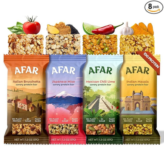 Afar Savory Protein Bars – Low Sugar, High Protein – Healthy Snacks for Adults – Meal Replacement Bar – Rice Crispy Texture – Vegan, Gluten Free (8 Bars, Variety Pack)