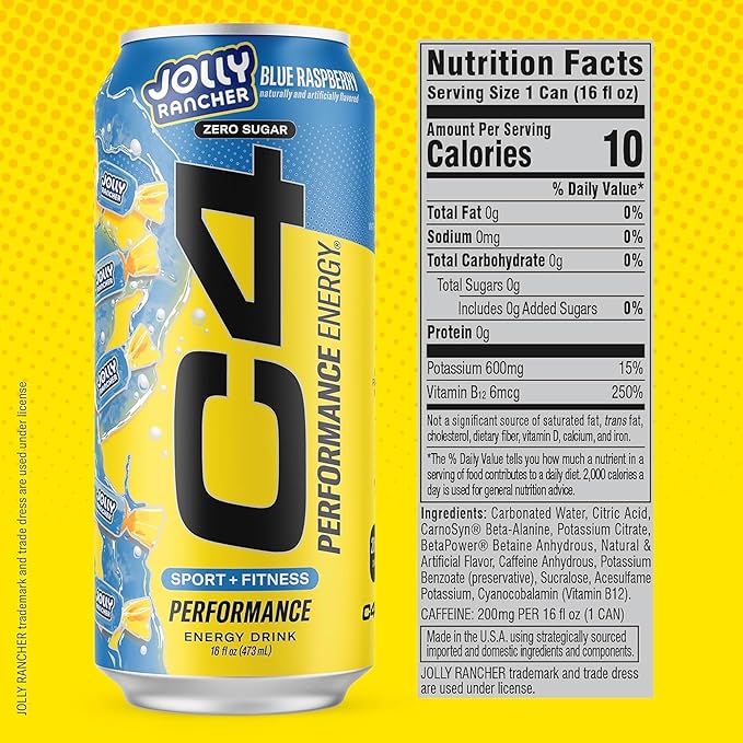 Cellucor C4 Performance Energy Drink | Jolly Rancher Variety Pack | Zero Sugar Carbonated Preworkout Energy | 200mg Caffeine with Beta Alanine | 16 Fl Oz Can (12 Pack)