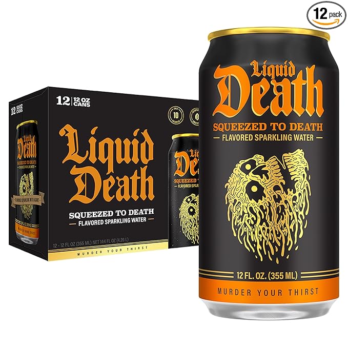 Liquid Death Soda-Flavored Sparkling Water - Squeezed To Death (Classic Orange Soda), Less Sugar*, Huge Flavor, No Caffeine, No Artificial Sweeteners, 12 Fl Oz (Pack of 12)