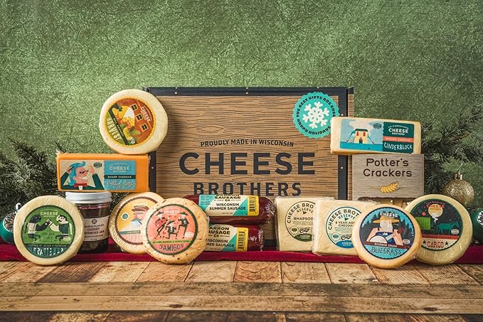 Cheese Bros. Deluxe "Best Gifts are Cheesy" Gift Box | Fresh from Wisconsin | Includes Goudas, Dill Havarti, Italian Fratello, Aged Cheddar, Jam, Summer Sausage | Gfiting for Christmas and Hannukah