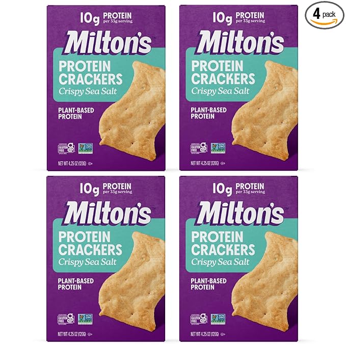 Milton's Protein Crackers, Crispy Sea Salt - 10g of Plant-Based Protein Per Serving, Gluten Free, Non-GMO Project Verified, Vegetarian-Friendly, Zero Grams Added Sugar Per Serving, 4.25 Oz, Pack of 4