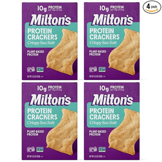 Milton's Protein Crackers, Crispy Sea Salt - 10g of Plant-Based Protein Per Serving, Gluten Free, Non-GMO Project Verified, Vegetarian-Friendly, Zero Grams Added Sugar Per Serving, 4.25 Oz, Pack of 4