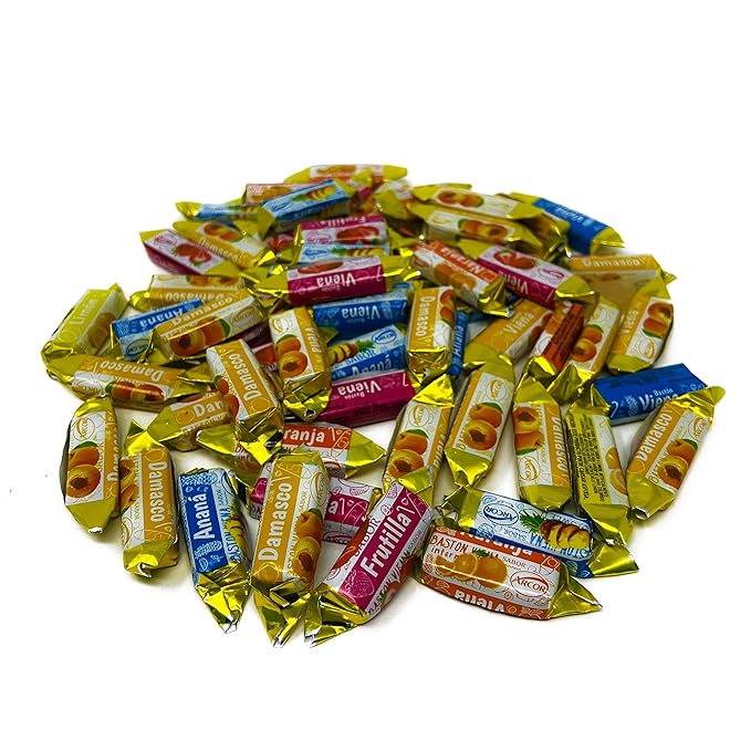 Fruity Hard Candy Filled With Real Fruit Pulp - 1 lbs - Peach, Strawberry, Pineapple, Orange and Lemon Flavored Bon Bons Filled with Real Fruit Pulp - American Vintage Candy Snack Assortment - Individually Wrapped, 16 oz.