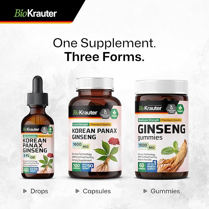 BIO KRAUTER® Ginseng Supplement - Pure Vegan Liquid Drops Korean Red Ginseng 696 mg per Serving 2 Fl.Oz 28-Day Supply - Used for Energy, Focus, Performance & Immune Support - Alcohol & Sugar Free