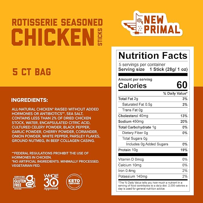 New Primal Rotisserie Chicken Sticks, Zero Sugar High Protein Snack, Gluten Free Whole30 Healthy Snacks, Keto and Paleo Friendly, Jerky Meat Stick, 10g Protein, 5 Count