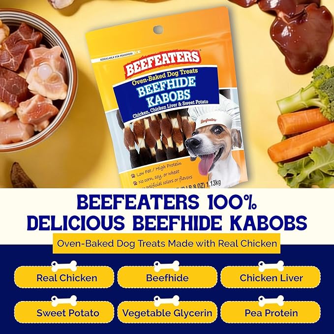 Beefeaters Beefhide 40oz Triple Flavor Kabobs Dog Treats with Real Chicken, Liver & Sweet Potato – Long-Lasting Dog Kabob Treats for Chewing, Dental Support*, Flavor-Packed Treats - Training Rewards