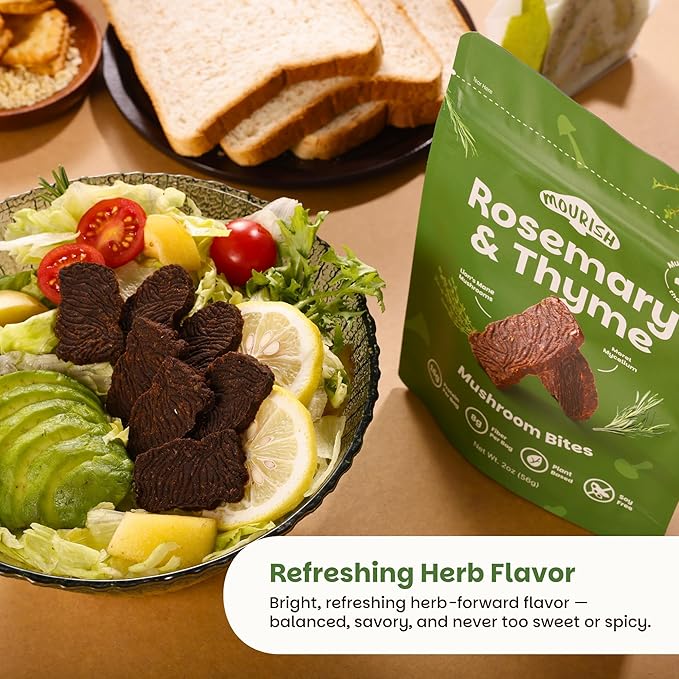 Mourish Vegan Mushroom Bites, Rosemary and Thyme, 1 Pack (2 oz), Good Source of Protein and Fiber, Plant Based Meat Jerky, Meatless Healthy Snacks for Hiking, Camping, Work, Travel & School