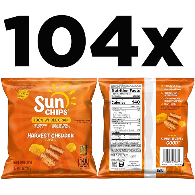 SunChips Harvest Cheddar Flavored Multigrain Snacks, 1 Ounce (Pack of 104)