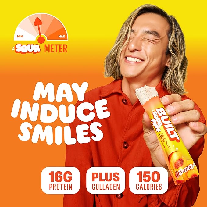 Built Bar, Sour Puff Protein Bars, Sweet Peach Punch, Collagen, On-the-go Snacks, Sour Candy Snack, 12 Pack
