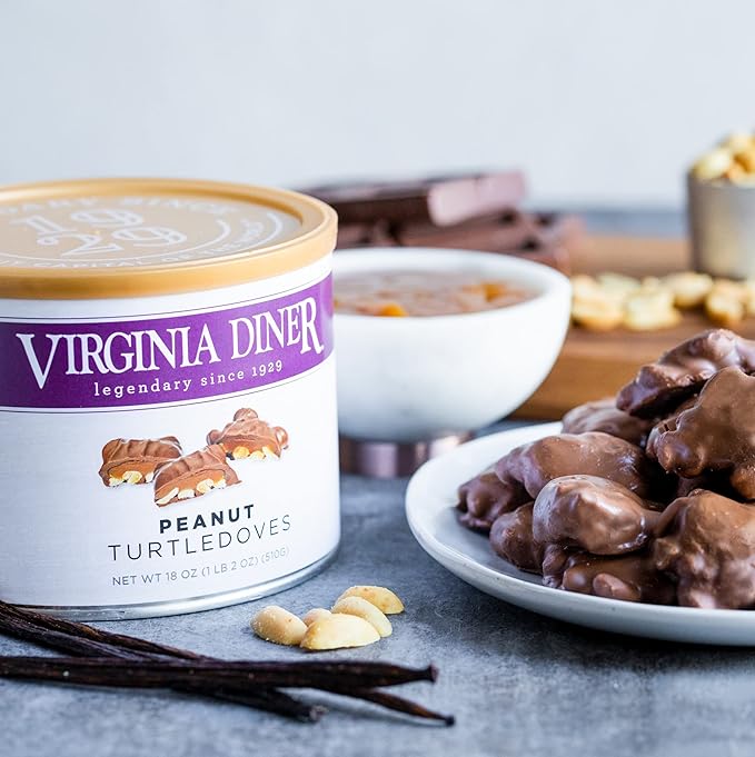 Virginia Diner Chocolatey Pecan Turtledoves Candy Clusters with Caramel - Preservative Free Gifts from Virginia Since 1929-18 Oz Can -Dovetails