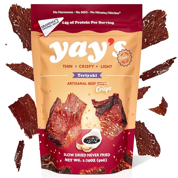 Yay's Snacks Sweet and Spicy Beef Jerky Crisps | High Protein Teriyaki Snack | Crispy, Crunchy, Non-GMO, Gluten-Free Meat Snack | 28G Protein Per Bag, Made in USA - 1 Pack (1.75 Oz)