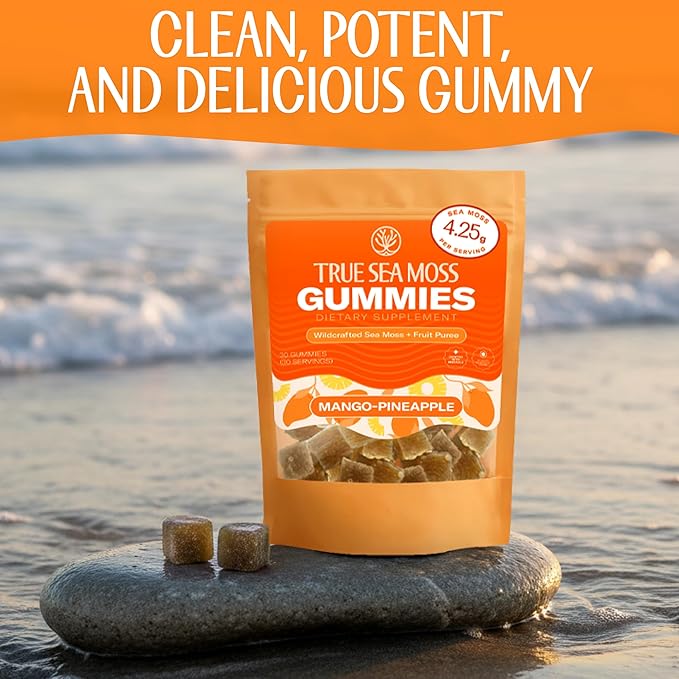 True Sea Moss Gummies – High Potency 4250mg Wildcrafted Irish Sea Moss Gel Extract + Mango Pineapple Flavor – With Coconut Sugar & Fruit Purée – 30 Gummies (30 Servings)