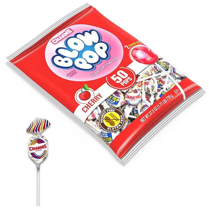 Charms Blow Pop Single Flavor Bag - Cherry Flavored Lollipops with a Bubble Gum Center - Individually Wrapped Hard Candy - Red Candy - Peanut Free, Gluten Free, 50 Count (Pack of 1)