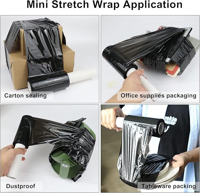 BOMEI PACK 6 Pack Industrial Black Mini Stretch Wrap Roll with Handle, 5" x 1000Feet 80 Gauge for Heavy Duty, Durable Self-Adhering Plastic Wrap for Packing, Moving