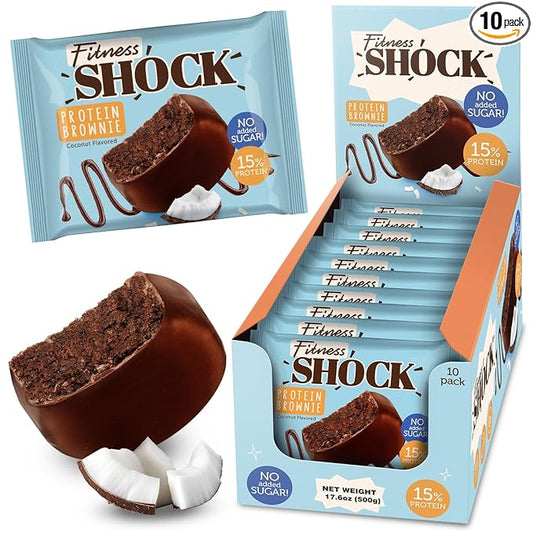 FitnesSHOCK Chocolate Brownie without Added Sugar, 15% Protein, satiating dietary fibre, Soft Texture, 10 Pieces, 50g - Coconut