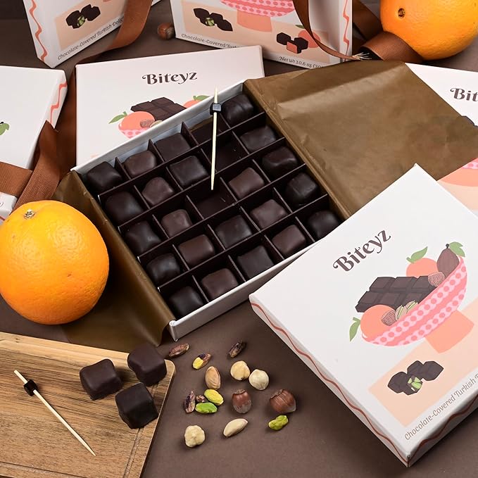 Biteyz Choco Turkish Delight, Vegan Candy Gift Box - Chocolate-Covered Assorted Treats with Orange, Pistachio, and Hazelnut, 25 Pieces of Gourmet Handmade Vegan Snacks