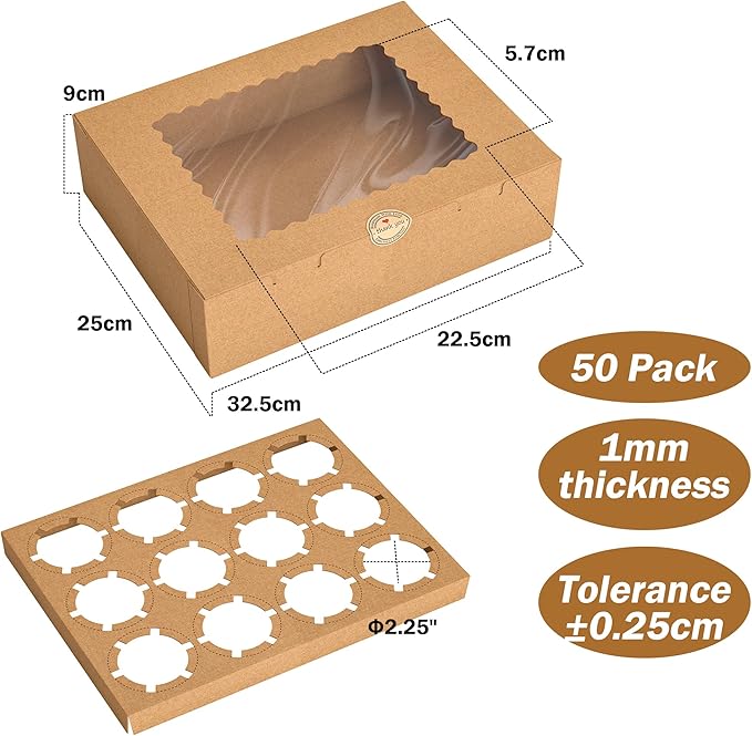 EffiQ-Rate 50 PCS Cupcake Boxes, 12-Count Cupcake Containers with Window, Brown Pastry Boxes with Inner Tray & 50 Stickers for Dessert, Party, Birthday, Holiday (12.8x9.84x3.54 Inch)