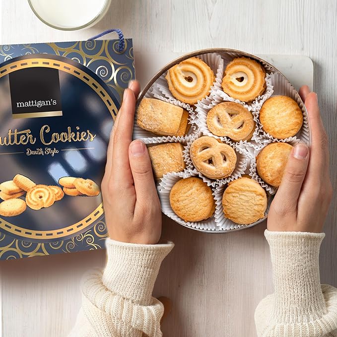 Mattigan's Danish Butter Cookies Traditional in 16 oz Tin – Classic Assorted Flavor Danish Butter Cookies, Gourmet Gifts for Holidays, Birthdays, Snack Gift, & Special Occasions, Reusable Metal Tin