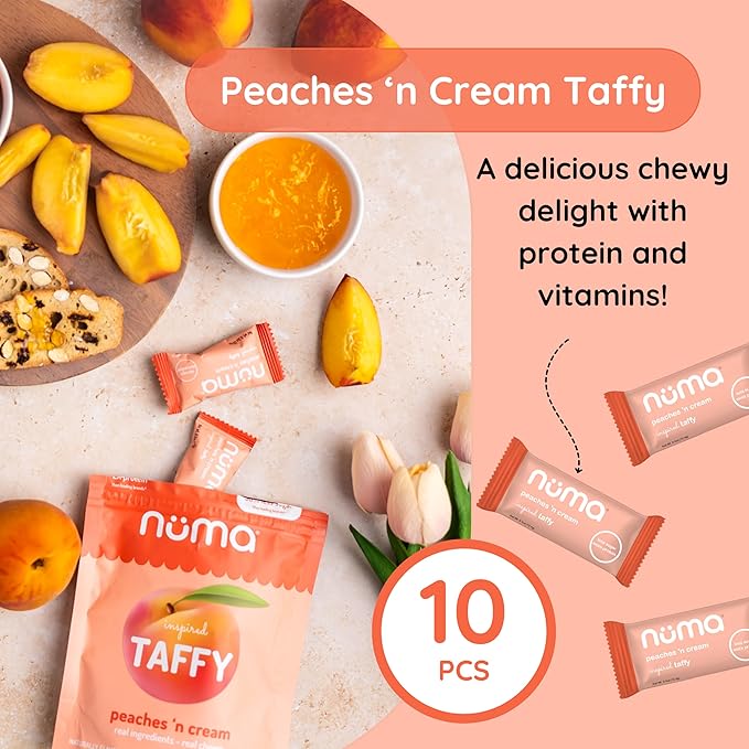 Numa Taffy Candy, Peaches ‘n Cream Made with Real & Simple Ingredients – Low Sugar, High Protein, Low Calorie, All Natural & Gluten Free Peach Taffy – 3 bags with 10 Individually Wrapped Chews Each