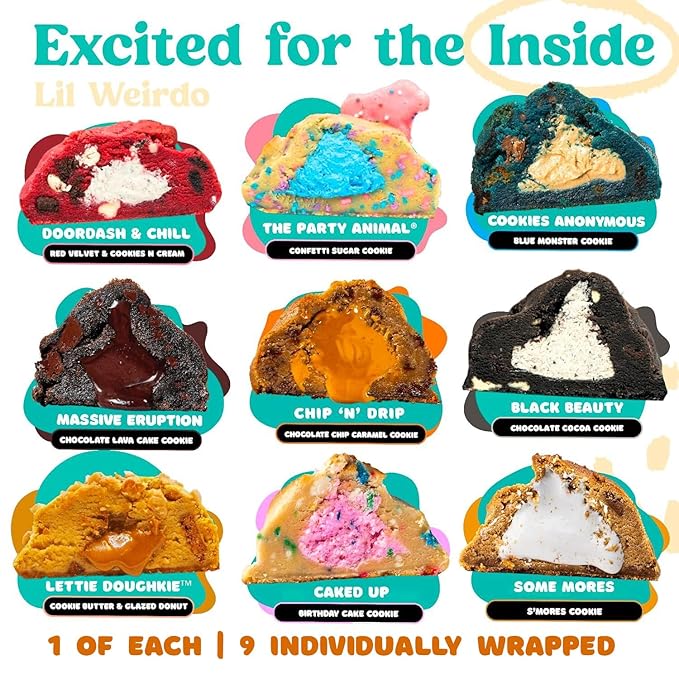 Fat & Weird Lil’ Weirdo Pack – 9 Count Assorted Stuffed Cookies, 2.5 oz Each, Individually Sealed Gourmet Soft Chewy Cookies for Snack Packs, Gifts, Care Packages, Cookie Lovers