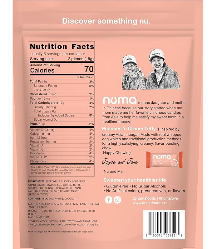 Numa Taffy Candy, Peaches ‘n Cream Made with Real & Simple Ingredients – Low Sugar, High Protein, Low Calorie, All Natural & Gluten Free Peach Taffy – 3 bags with 10 Individually Wrapped Chews Each