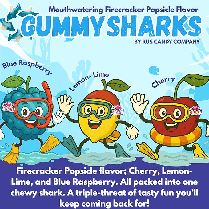 Blue Gummy Sharks- 1 Pound Bag | R.U.S. Candy Company | Chewy Fruity Candy | Fun Ocean-Themed Treats for Parties, Candy Buffets & Movie Nights (1 Pound)