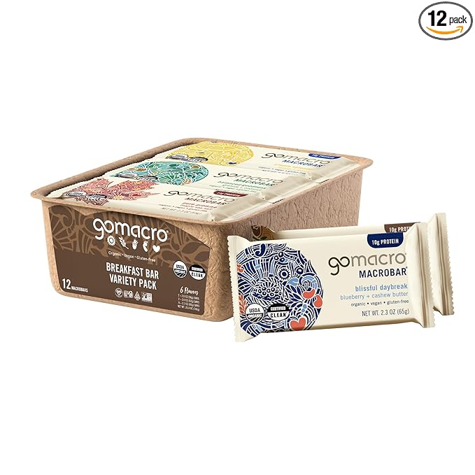 GoMacro Macrobar Organic Vegan Protein Bars, Breakfast Variety Pack, 12 Count