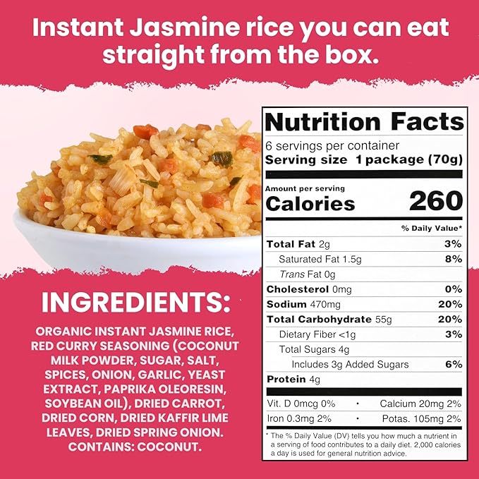 The Rice Stuff Box - Thai Red Curry Instant Rice Meals, 6-Pack, Organic Jasmine Rice, NON-GMO, Gluten-Free, Vegan, Dairy-Free (Pack of 6)