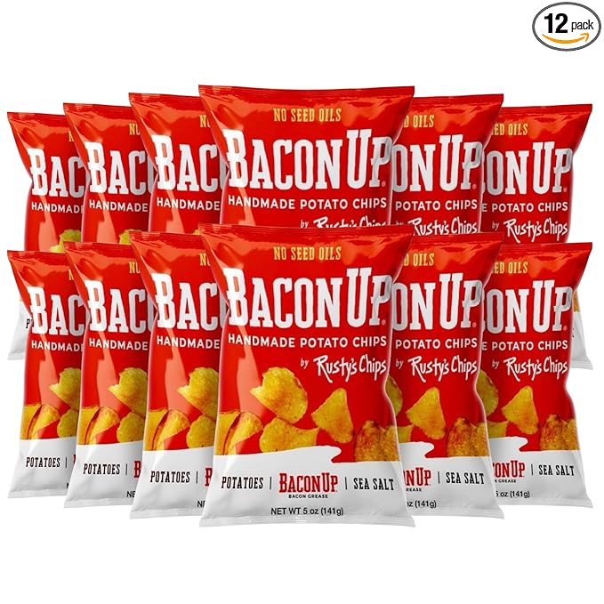 Bacon Up - Handmade Crunchy Healthy Potato Chips - No Preservatives, No Seed Oils, Gluten Free, Healthy Snacks for Adults - 5oz (12 Snack Packs) by Rusty's Chips