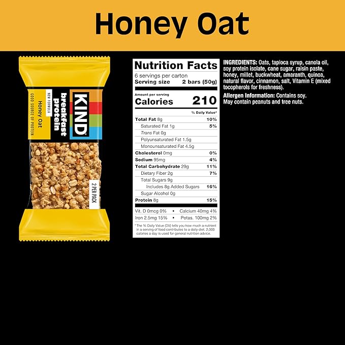 KIND Breakfast Protein Variety Pack, Peanut Butter, Honey Oat, Almond Butter, 8g Protein, Gluten Free Snack Bars, Non-GMO, 18 Count