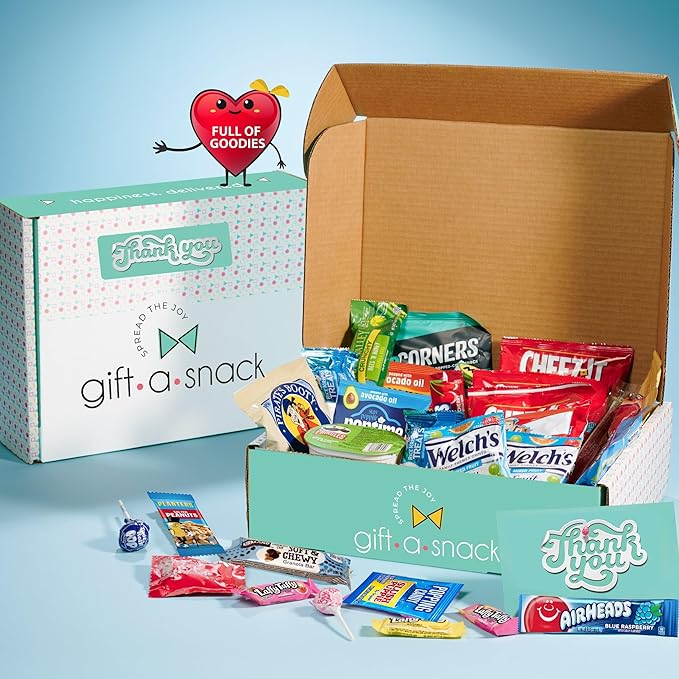 Gift A Snack - Thank You Snack Box Variety Pack Care Package + Greeting Card (45 Count) Appreciation Sweet Treats Gift Basket, Candies Chips Crackers Bars - Office Food Assortments
